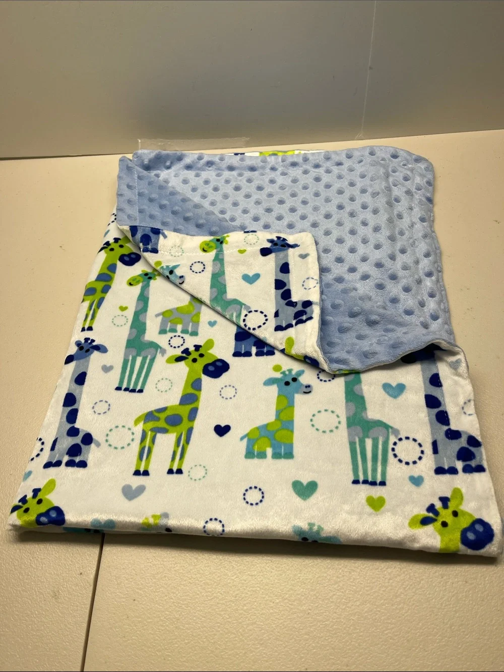 Blue Giraffe Print Baby Blanket - Soft Minky Reversible